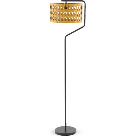 Stehlampe mit tulpenförmigem Schirm aus honigfarbenem und schwarzem Sperrholz und schwarzem Metallfuß (1/3)