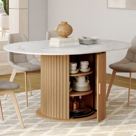JULIETTE Mesa de comedor redonda extensible para 4-8 personas con patas de listones y tablero efecto mármol blanco 110-150 cm