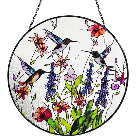 Suncatcher Vitrail Colibri Fleurs Multicolore Acrylique Déco Murale Fenêtre 20x20 cm [Décoration Intérieure] (1/5)
