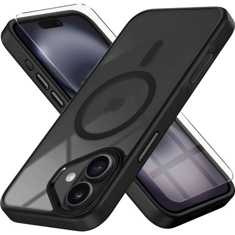 Custodia per iPhone 16, compatibile con MagSafe, finitura opaca, trasparente/nera + pellicola protettiva per lo schermo. (1/5)