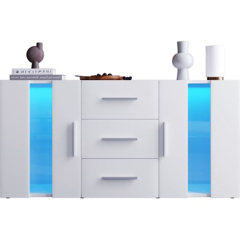 Meuble TV LED buffet de rangement 140x35x70 cm blanc, avec 3 tiroirs, 2 placards, étagères amovibles, pour téléviseur jusqu'à 55 pouces CHICFURN (1/5)