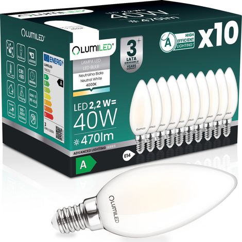 10x LED-Lampe E14 Kerze B35 2,2 W 470 lm = 40 W 4000 K Neutralleiter 360° Glühfaden Klasse A LUMILED