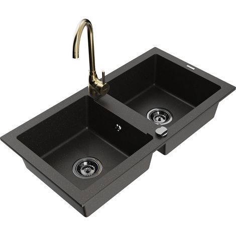 Mexen Mario 2-Kammer-GranitsSpüle mit Küchenarmatur Telma, schwarz/gold - 6504-75-670200-50-B (1/5)