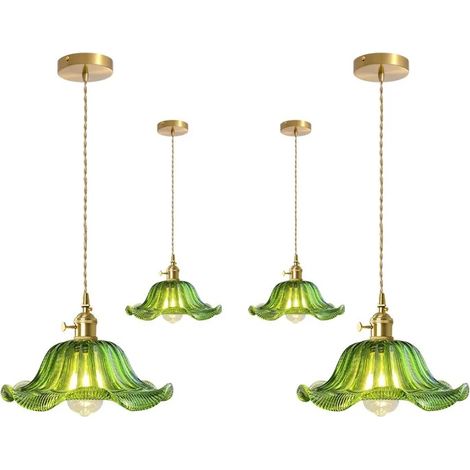 4x Suspension Luminaire Industriel Moderne,Lampe de Plafond Vintage Abat-jour en Verre Design Fleur Lustre Ajustable,Vert (1/5)