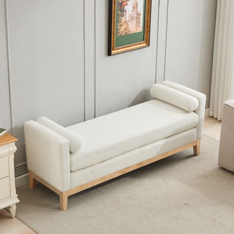 Banqueta acolchada de habitación, con 2 cojines redondos y patas en madera, marfil, en chenilla (1/5)