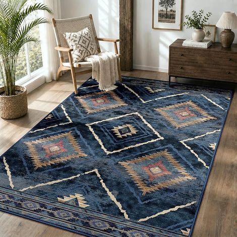 Tapis de Salon Lavable en Machine 120x180 cm antidérapant, Tapis de Chambre Style marocain pour Le Salon, l'entrée, la Chambre et la Cuisine, Bleu foncé (1/5)