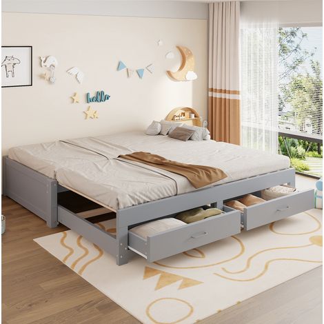 Sofa cama 90x190 cm gris de madera, extensible con 2 cajones (1/5)