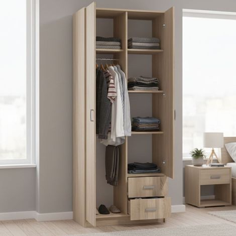 Armario 2 Puertas Cimena, Ropero Dormitorio Perchero, 2 Cajones, 4 Estantes, 80x205h cm Roble Marrón (1/5)