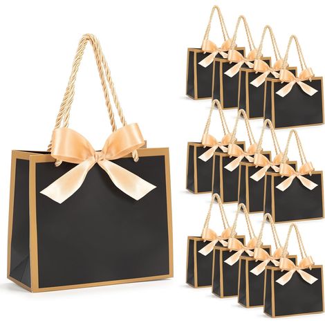 Lot de 12 sacs cadeaux, papier épais, bordure dorée, poignée ruban, 14x6x12 cm, mariage anniversaire (1/5)