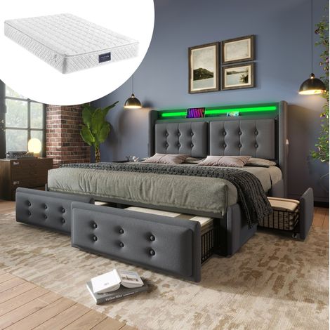 Lit coffre 140x200 avec 4 tiroirs, LED, gris OKMYHOME (1/5)