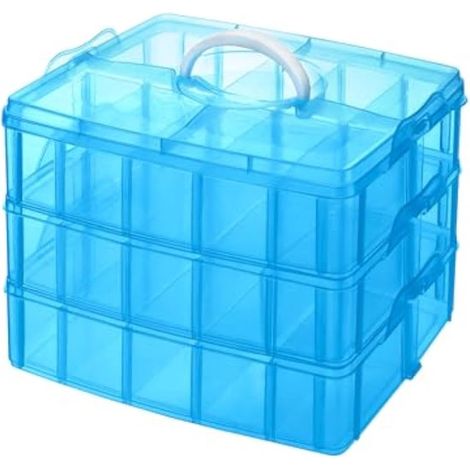 Caja de almacenamiento azul con compartimentos,Caja organizadora con 3 niveles y 30 compartimentos ajustables,joyería y objetos pequeños (1/5)