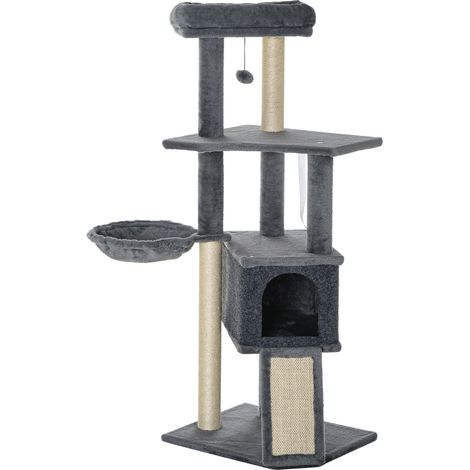 Albero Tiragraffi per Gatti 48x40x127 cm con Rampa Cesto Cuccia Amaca Pali Graffiatoi in Sisal Grigio (1/5)