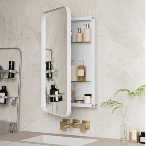 Armario con espejo 76x51 cm de metal y vidrio Blanco, con almacenamiento para baño (1/5)