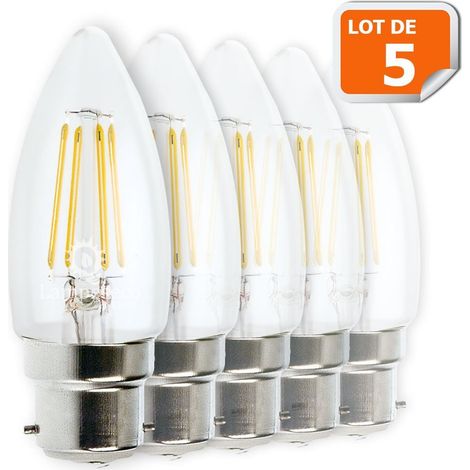 Lampesecoenergie – Lot de 5 ampoules LED flamme filament 4W – Équivalent 42W – Culot B22 – Luminosité 470 lm – Angle d'éclairage 330° – Durée de vie 15000h (1/5)