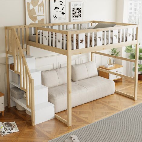 Lit mezzanine enfant 140x200 cm avec escalier – Mezzanine bois massif, barrière sécurité, décoration étoiles lune, couleur bois (sans Matelas) (1/5)