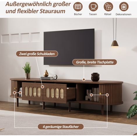 Meuble TV ovale en noyer foncé 180x40x40cm, design rotin - MDF 180 cm, charge 30 kg, avec deux tiroirs et porte à rideau. Table basse TV, meuble bas salon. (1/5)