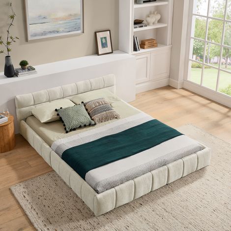 lit adulte 140x200 chenille beige rembourre bois fer OKMYHOME (1/5)