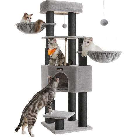 Feandrea – Arbre à chat grand et stable 50 x 50 x 160 cm – Tapis chaud, poteaux à griffer en sisal, hamacs, niches – Pour 5 chats max de 20 kg