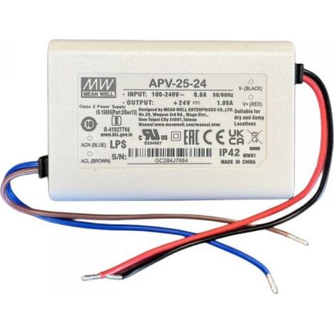 MW MEAN WELL APV-25-24 Alimentatore 25W 24V 1,05A IP30 Input 220V e 110V