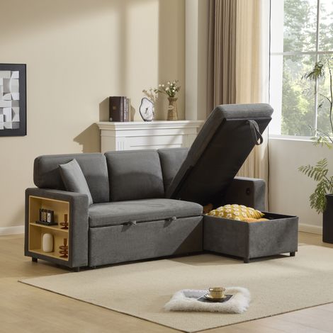 Divano trasformabile 3 posti 214 × 131 × 87 cm, divano angolare da soggiorno con contenitore, USB, 3 cuscini, tessuto, grigio