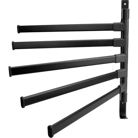 Porte-serviettes pivotant 5 bras, barre mural sans perçage, rangement double usage salle de bain, noir, fixation adhésive robuste (1/5)