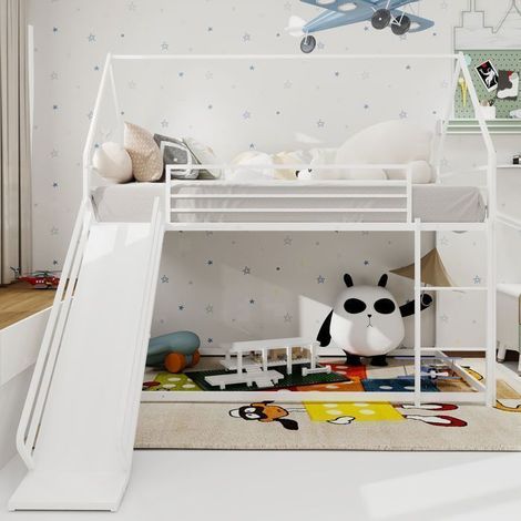 Lit superposé enfant - SOGEU - Forme de Maison - 90x200 cm - Avec toboggan - Cadre métal blanc (1/5)
