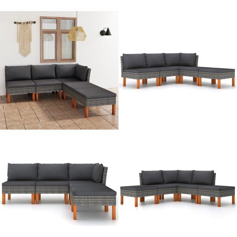 Set de muebles de jardín 6 pzas y cojines ratán sintético gris - Sofás de exterior - Cojines sintéticos
