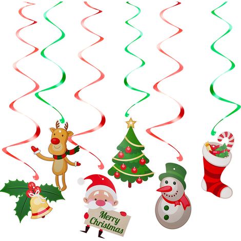 Hängende Weihnachtsdekoration – 12 Stück mit 12 Kärtchen – Glitzernde Luftschlangen – Weihnachtsdekoration für drinnen und draußen, Geschäfte, Weihnachtsfeiern, Weihnachtsbäume