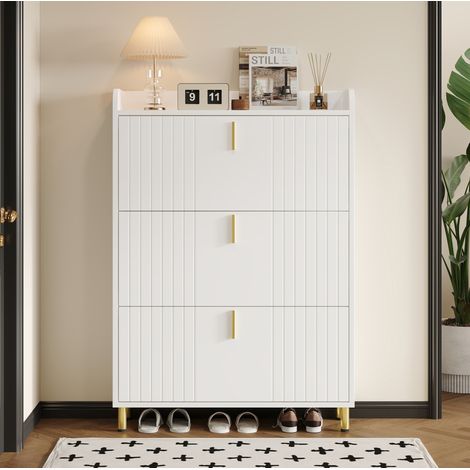 Meuble à chaussures 80x23x123.5 cm blanc en MDF avec 3 abattants, étagères réglables et plateau supérieur (1/5)