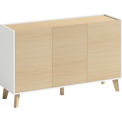 Buffet nordique avec 3 portes, 6 compartiments, plateau 120 cm en bois clair et blanc (1/5)