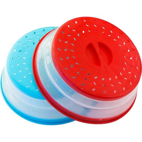 Lot de 2 couvercles pliables pour micro-ondes sans BPA TPR, 26,7 cm, rond avec poignée rouge + bleu… (1/5)