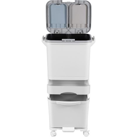 Wolketon Poubelle de cuisine 42 L en PP, modèle vertical 3 niveaux, 2 seaux intérieurs amovibles, bac inférieur et tiroir de rangement (1/5)
