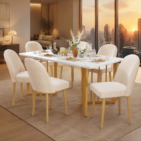 6 chaises de salle à manger en velours beige, pieds en métal doré HAVRYA (1/5)