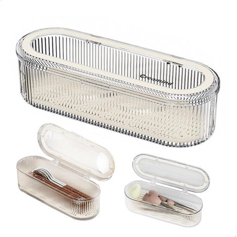 1 scatola portaposate 2 in 1 con vassoio scolaposate e contenitore per pennelli da trucco, ideale per la cucina, la camera da letto e il bagno (trasparente). (1/5)