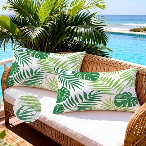 Housse de Coussin Extérieur Imperméable 30x50 Vert Sauge Housse Coussin Oreiller Decoratif Canape Feuilles Tropicales Taies d'oreiller Printemps Été Decoration pour Jardin Patio Salon Lot de 2 (1/5)