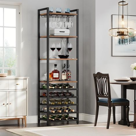 180 cm hohes Weinregal, 9-stöckiges, freistehendes Flaschenregal mit Glashalter und Ablageflächen für Weinbar und Küche