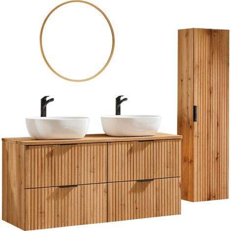 Conjunto de baño NOXERA 120 cm – Roble wotan – 2 lavabos sobre encimera, columna y espejo LED