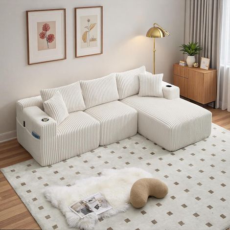 Canapé modulaire 3 place,Canapé d'angle en L avec poches latérales et porte-gobelet,canapés de compression,Tissu velours côtelé,257x160x62cm(beige)