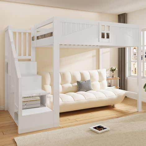 Lit mezzanine en bois massif 140x200 cm avec escalier de rangement réversible, garde-corps avec fenêtre, espace sous lit modulable, blanc (1/5)