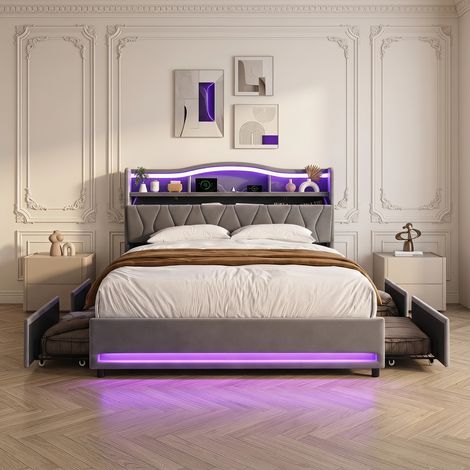 Lit double 160x200 cm avec 4 tiroirs, tête de lit avec chargement USB et éclairage LED, sommier à lattes, Lit Capitonné en velours, Gris (1/5)