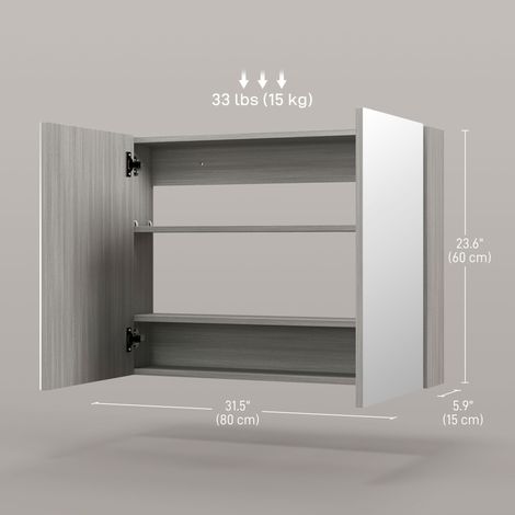Armoire de rangement murale grise avec miroir, double porte et étagère réglable pour salle de bain (1/5)