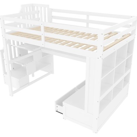 Cama alta 140x200 blanca con escritorio, estantes, 2 cajones y escalera de almacenaje (1/5)