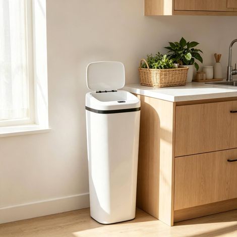 Poubelle automatique 50L 33x25x84 cm en acier inoxydable blanc, design moderne FLORAGRACE (1/5)
