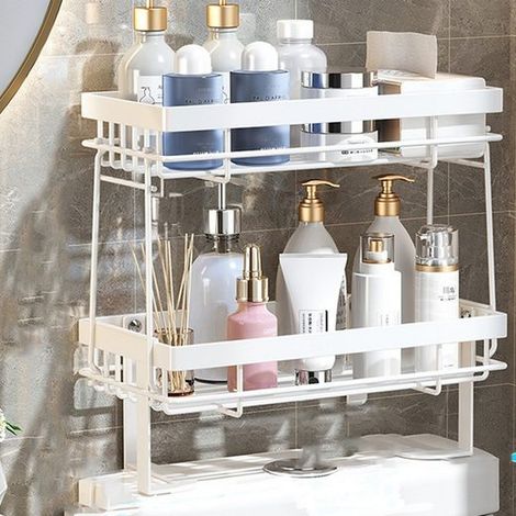 Etagère de Douche, Meuble WC étagère, Accessoires de douche, double couche, Blanc, Sans perçage, amovible, KINSI (1/5)