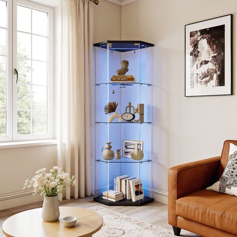 Vitrine d'angle en Verre avec éclairage LED, Vitrines à cinq coins avec 1 Porte 4 étagères Verre, Meuble Vitrines, pour chambre, salon et salle à manger, 60 x 40 x 162 cm, Noir (1/5)