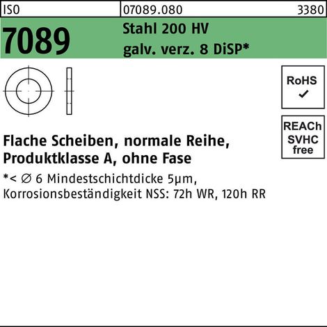ISO 7089 Scheibe Stahl 8mm (8,4x16x1,6) galvanisch verzinkt DiSP ohne Fase Form A 1000 Stk (1/2)