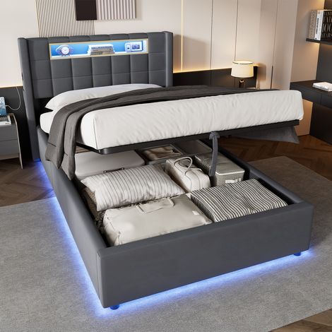 Cama con canapé 90x200 cm con almacenamiento hidráulico, cabecero con estante, iluminación LED y puertos USB Tipo C, en terciopelo gris oscuro (1/5)
