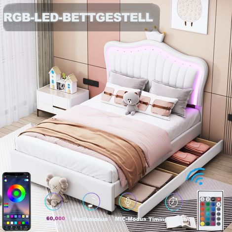 Letto imbottito 90 x 200 cm con luce LED, decorazione a forma di corona, PU, bianco, con cassetto (senza materasso) (1/5)