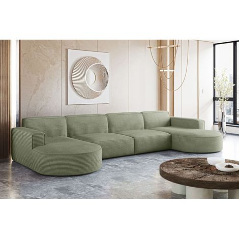 Ecksofa Designer MODENA U XL stoff Dicker cord Poso Hellgrün (1/4)