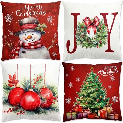 Rouge Housse Coussin Noel - 4pcs Decoration Noel Interieur Maison Housse Coussin Noel 45x45, Taies D'oreiller de Noël en Lin pour Chambre, Canapé, Christmas Decoration, Décoration Noel Intérieur (1/5)